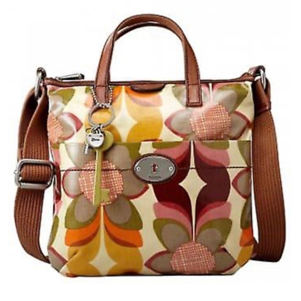 Fossil Key-Per Vintage Floral Coated Canvas Leather Trim Bag Green Yellow Orange